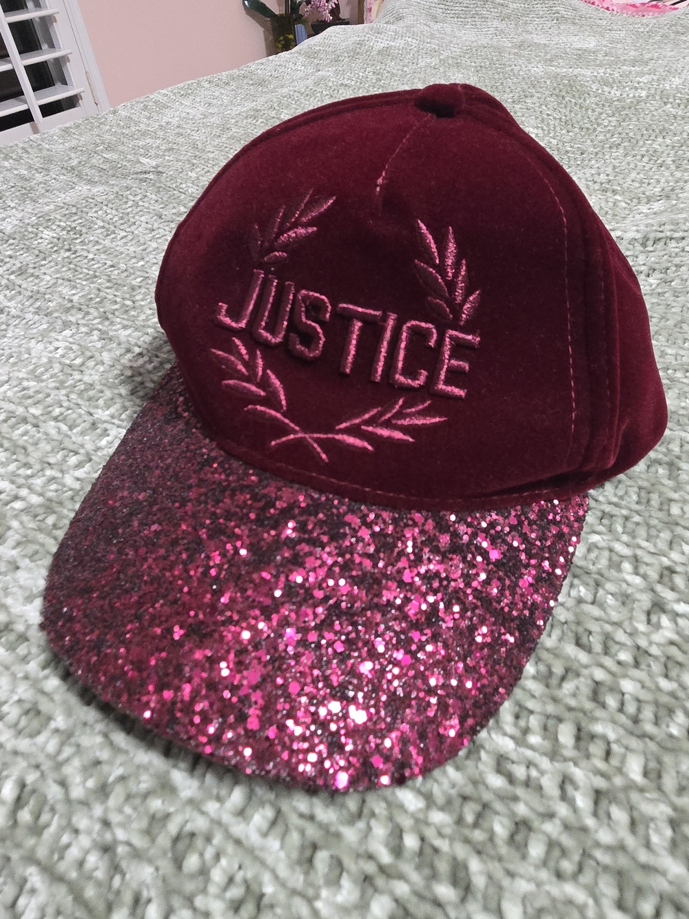 Justice Girls' Burgundy Velvet Cap with Pink Glitter Brim